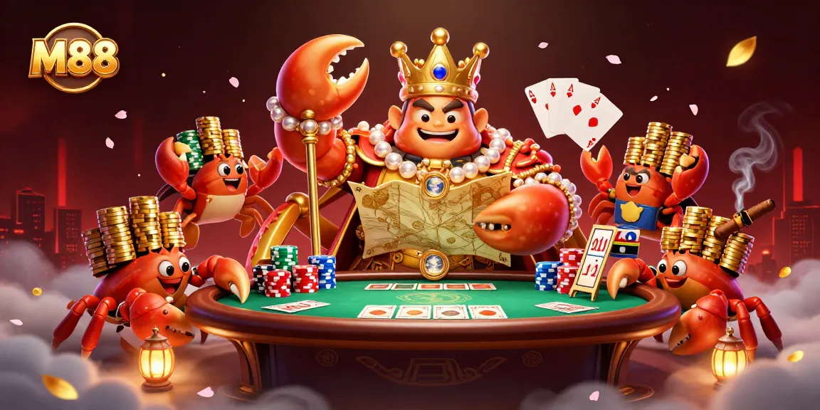 M88 poker scene with a golden crab emperor, stacks of chips, and vibrant casino elements.
